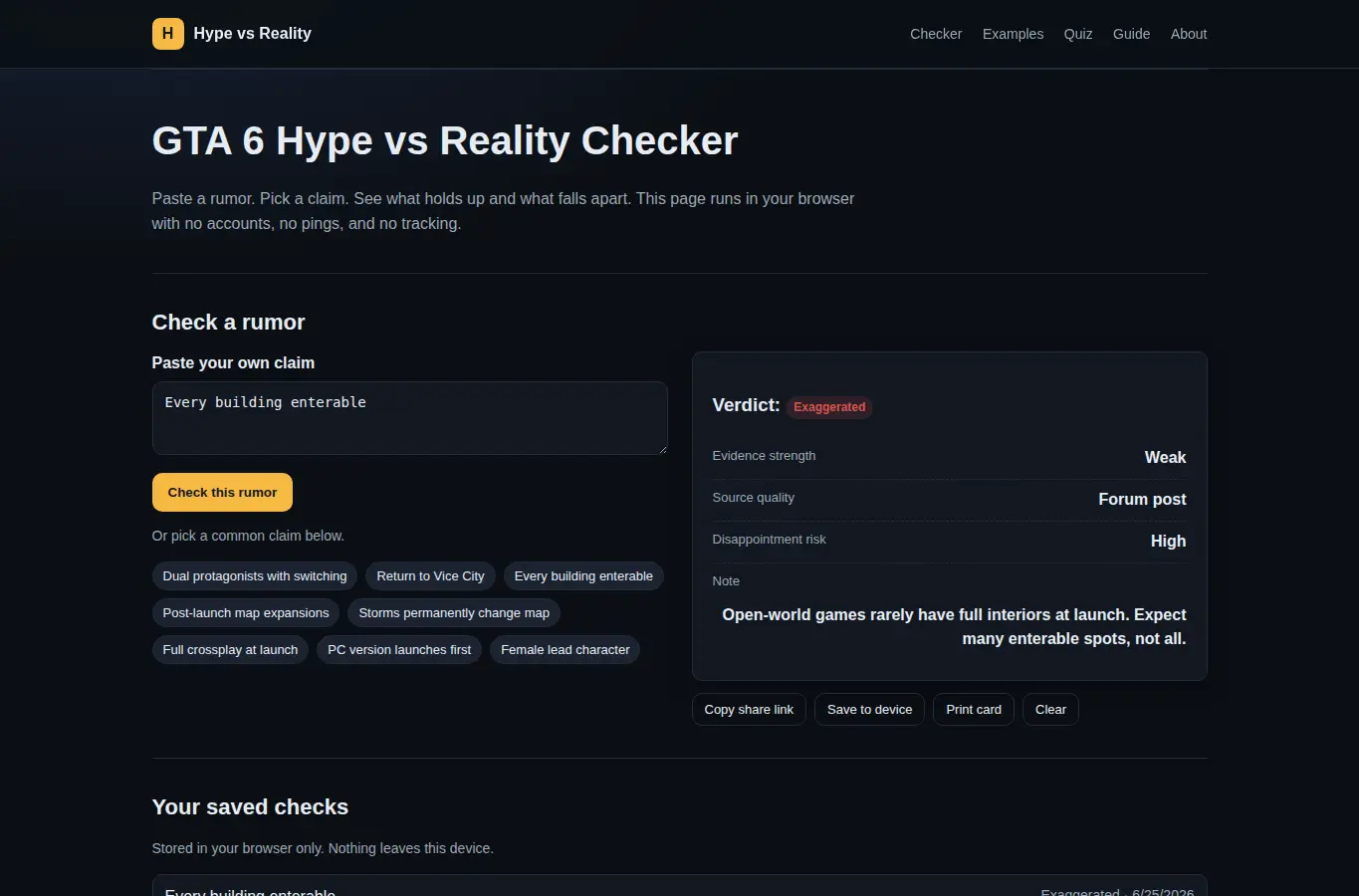 Screenshot of GTA 6 Hype vs Reality Checker interface showing the project page in use